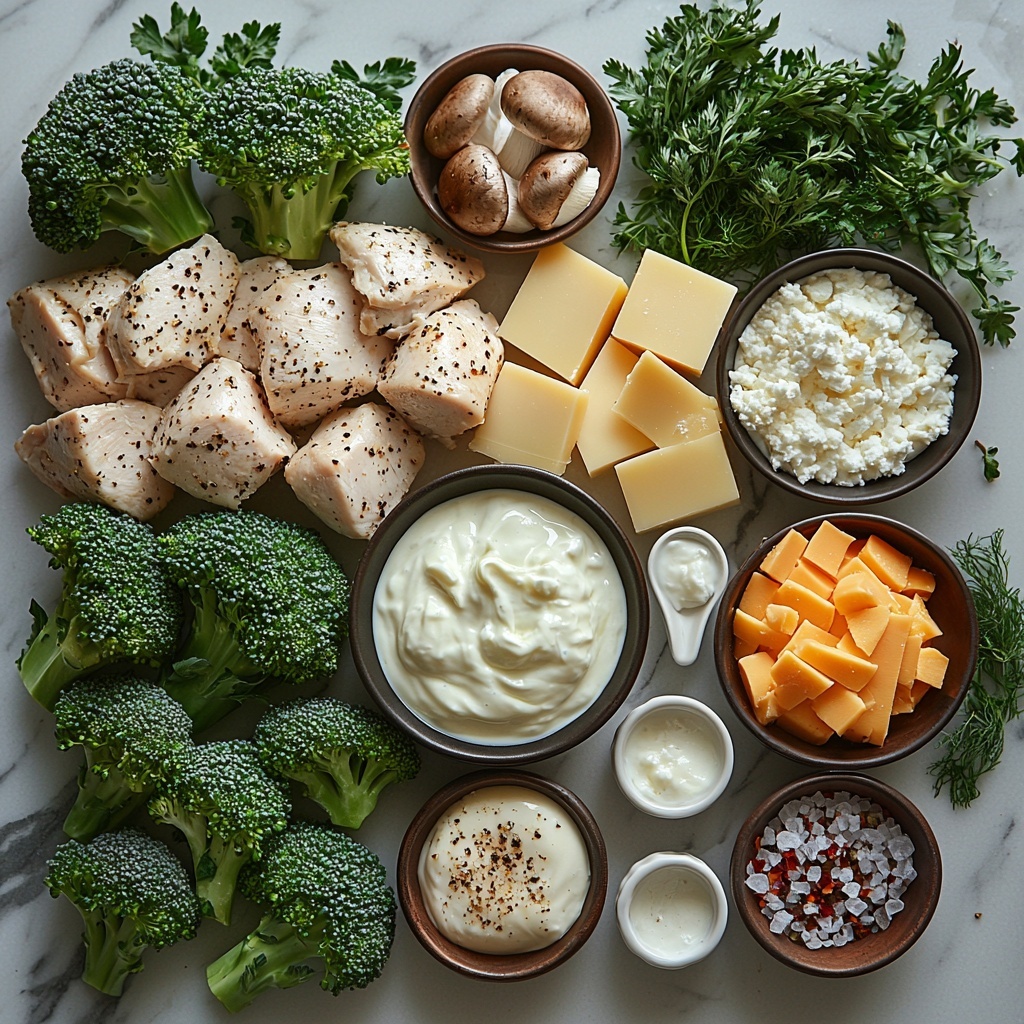 High-quality flat lay of fresh cooking ingredients arranged neatly on a clean white marble countertop: vibrant green broccoli crowns cut into small florets, raw chicken breast pieces cubed about 1 inch, a small bowl of creamy off-white mushroom soup, a separate bowl of thick, smooth low-fat Greek yogurt, small white porcelain spoons holding pale beige garlic powder and onion powder, a tiny dish with coarse sea salt, a rustic block of bright yellow cheddar cheese next to a small pile of shredded cheddar, all elements spaced evenly with natural soft daylight highlighting the textures—the rough broccoli florets, the plump chicken cubes, the creamy soups, and the crumbly cheese pieces, subtle fresh herbs laid casually nearby for a pop of color and freshness, minimal shadows, clean and airy aesthetic, overhead shot, top down view, flat lay photography, professional food styling --ar 1:1 --q 2 --s 750 --v 6.1