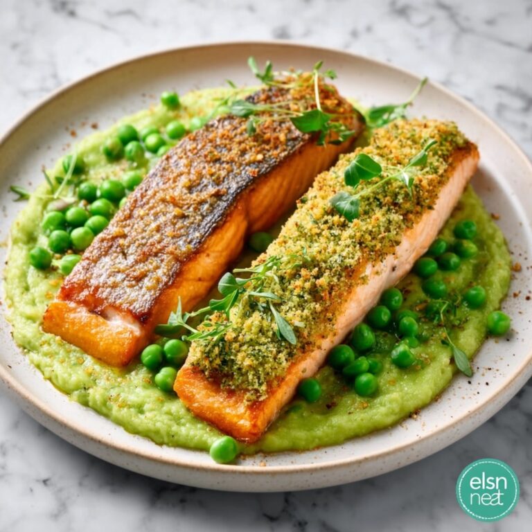 Seared Salmon with Pea Purée & Herb Crust Recipe